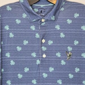Johnnie-O Top Shelf Men's Large Blue Lucky Shamrock Clover Golf Polo Shirt Upf50